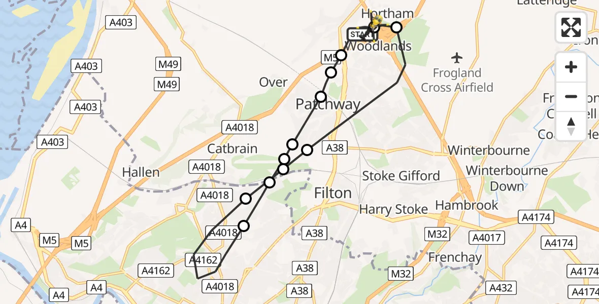 Flight path map showing Police Helicopter route from Almondsbury Helicopter Base to Almondsbury Helicopter Base