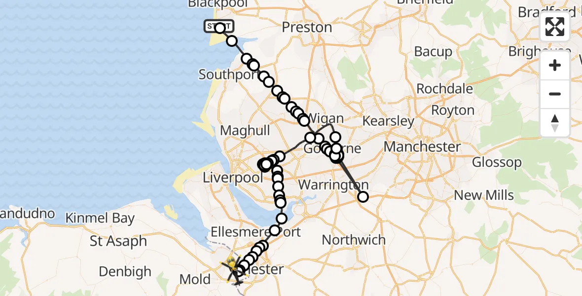 Flight path map showing Police Helicopter route from Fylde to Broughton