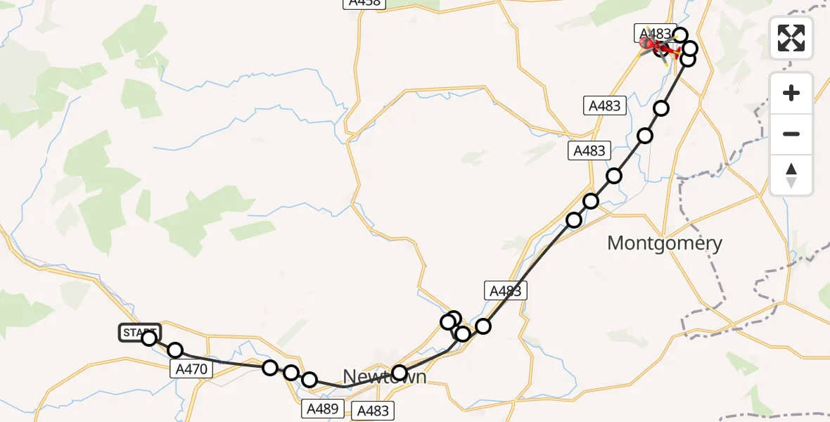 Flight path map showing Air Ambulance Helicopter route from Pont-dôl-goch to Welshpool Airport