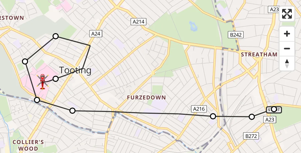 Flight path map showing Air Ambulance Helicopter route from Streatham to St Georges Hospital