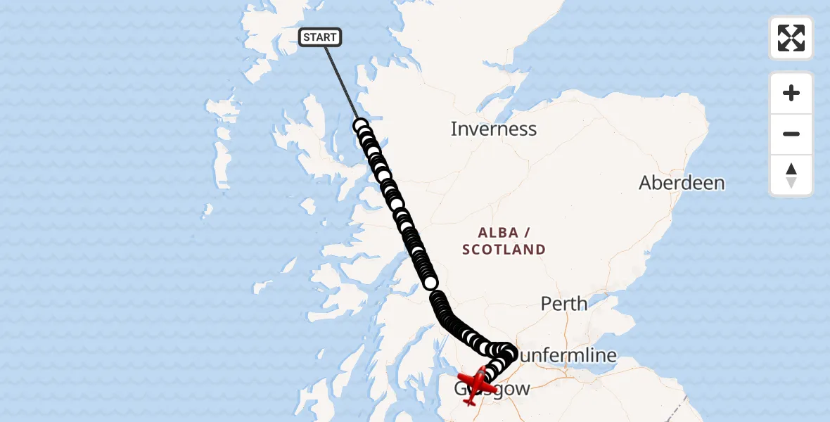 Flight path map showing Air Ambulance Aircraft route from Inner Seas to Glasgow Airport