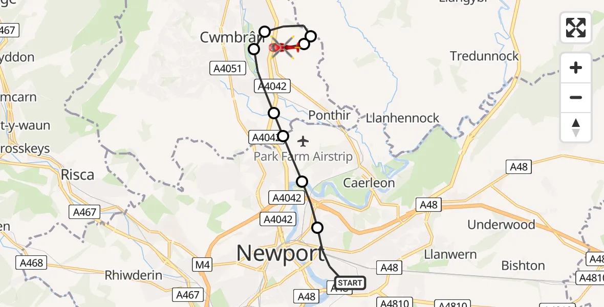 Flight path map showing Air Ambulance Helicopter route from Somerton to Cwmbrân