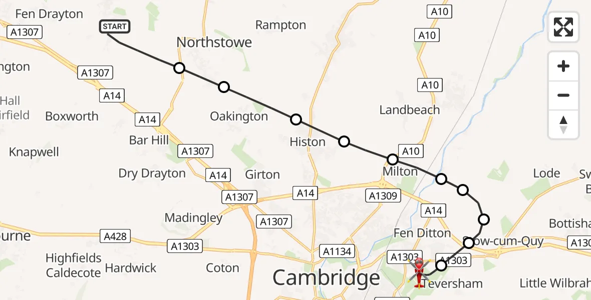 Flight path map showing Air Ambulance Helicopter route from Swavesey to Cambridge City Airport