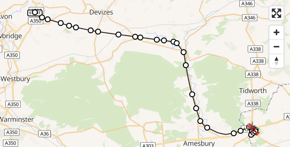 Flight path map showing Air Ambulance Helicopter route from Wiltshire Air Ambulance to Shipton Bellinger