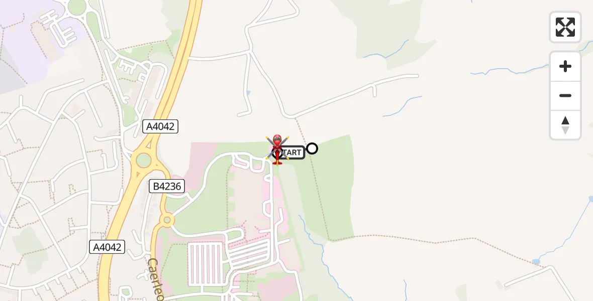 Flight path map showing Air Ambulance Helicopter route from Grange University Hospital Heliport to Grange University Hospital Heliport