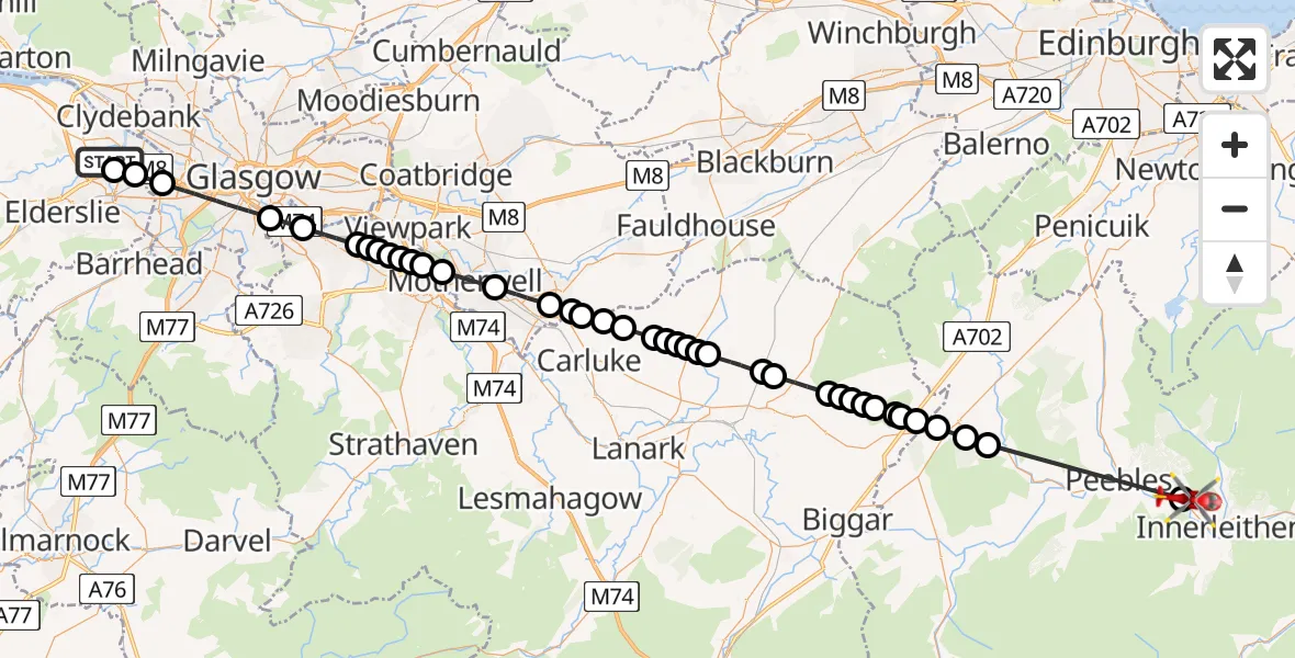 Flight path map showing Air Ambulance Helicopter route from Glasgow Airport to Cardrona
