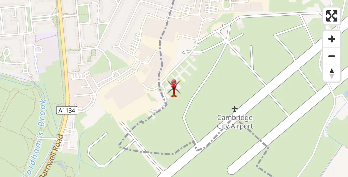 Flight path map showing Air Ambulance Helicopter route from Cambridge City Airport to Cambridge City Airport
