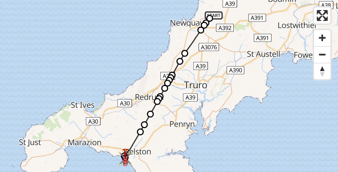 Flight path map showing Air Ambulance Helicopter route from Cornwall Airport Newquay to Porthleven