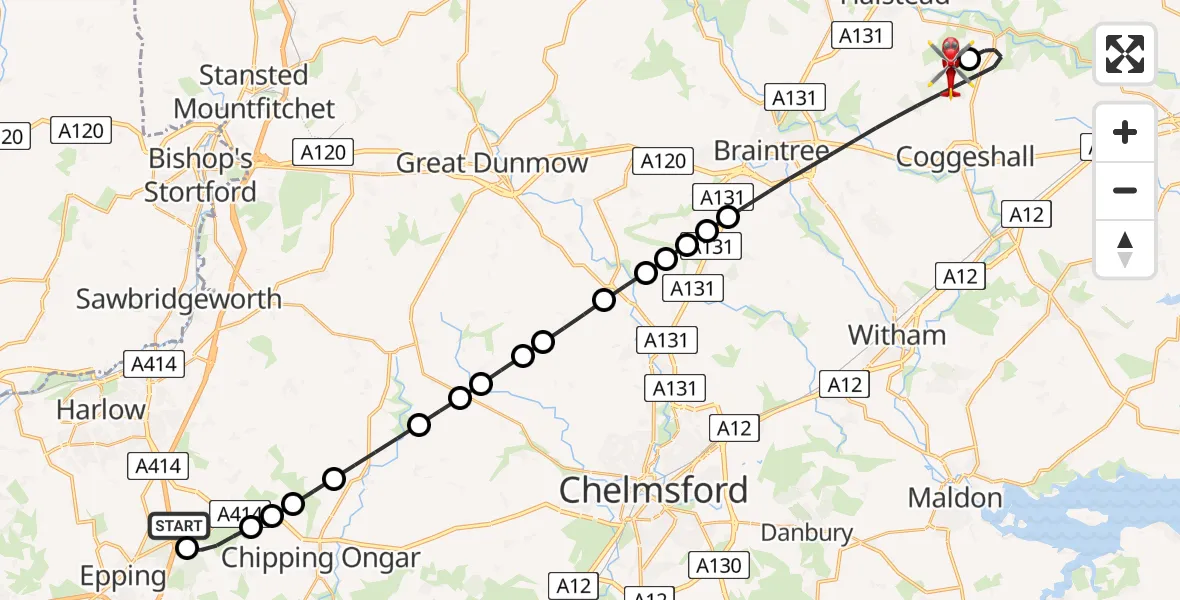 Flight path map showing Air Ambulance Helicopter route from North Weald Airfield to Earls Colne Airfield