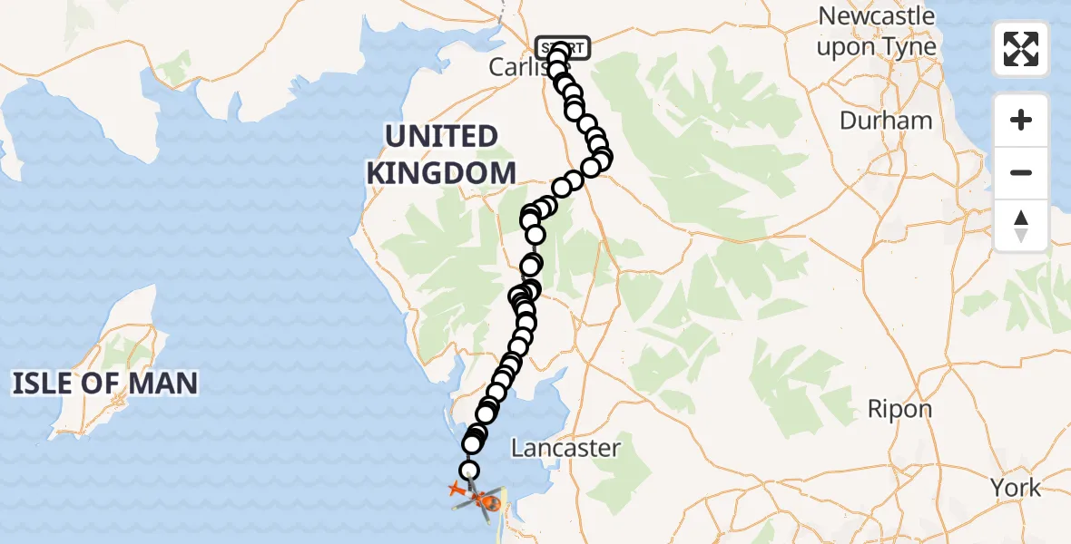 Flight path map showing Coastguard Helicopter route from Carlisle Lake District Airport to Irish Sea