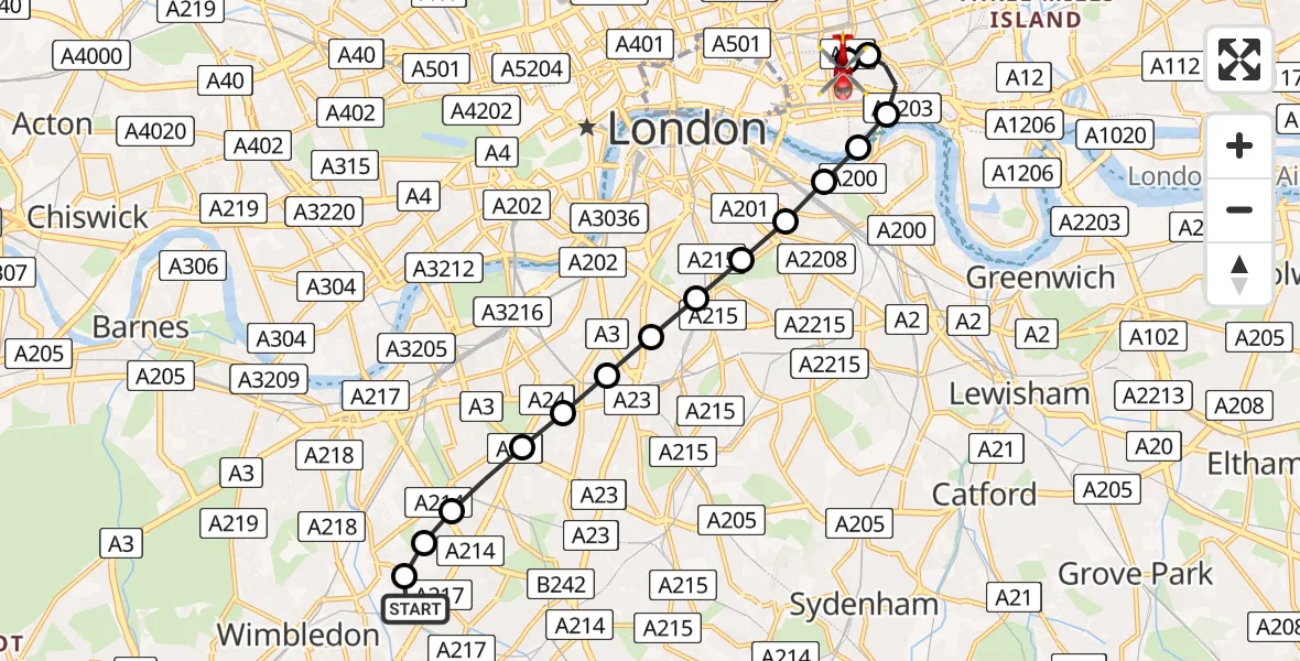Flight path map showing Air Ambulance Helicopter route from St Georges Hospital to Royal London Hospital