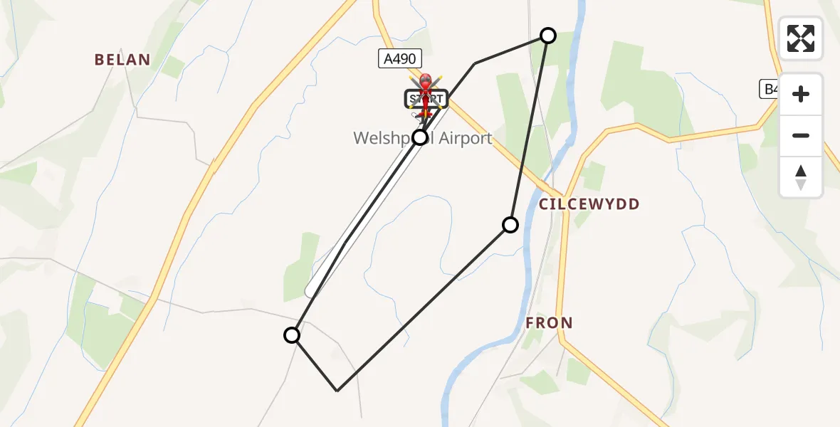 Flight path map showing Air Ambulance Helicopter route from Welshpool Airport to Welshpool Airport