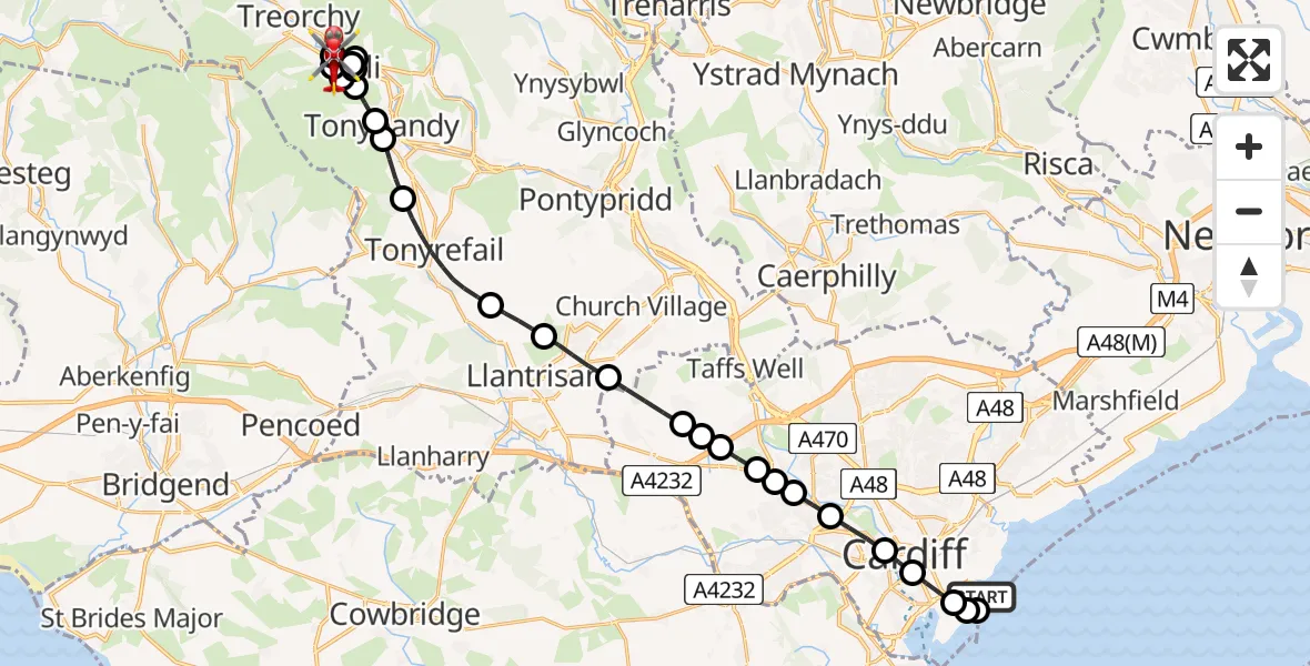 Flight path map showing Air Ambulance Helicopter route from Cardiff Heliport to Pentre
