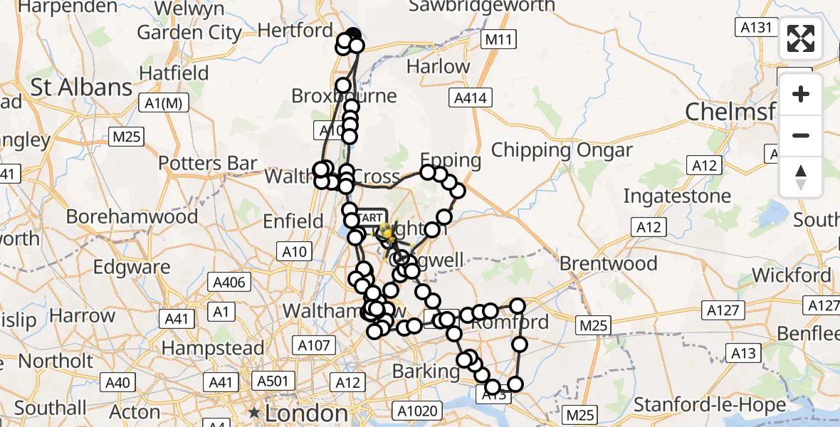 Flight path map showing Police Helicopter route from Sewardstonebury to Epping Forest