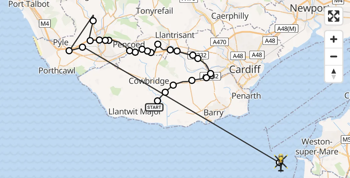 Flight path map showing Police Helicopter route from MOD St Athan to Bristol Channel
