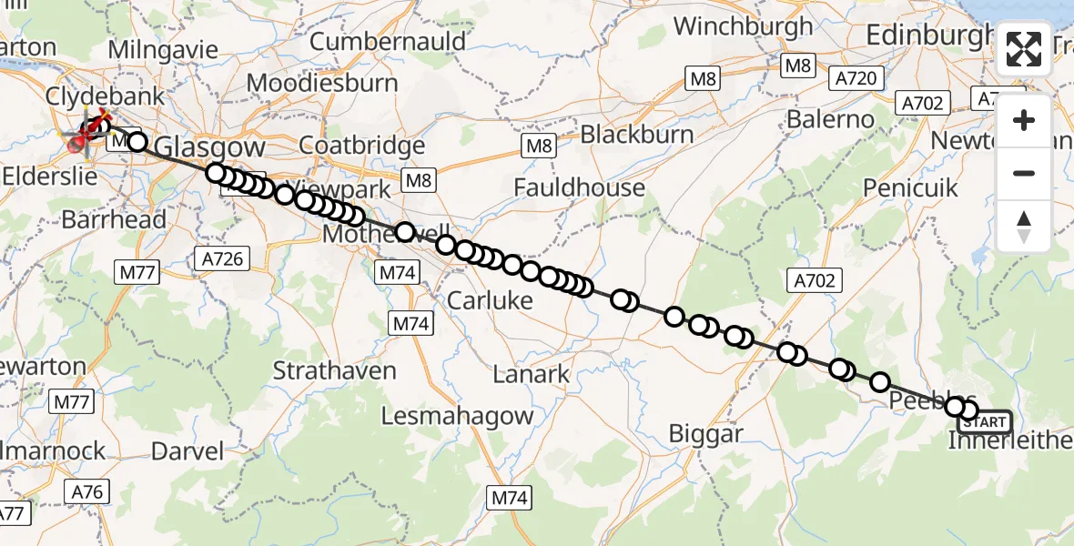 Flight path map showing Air Ambulance Helicopter route from Cardrona to Glasgow Airport