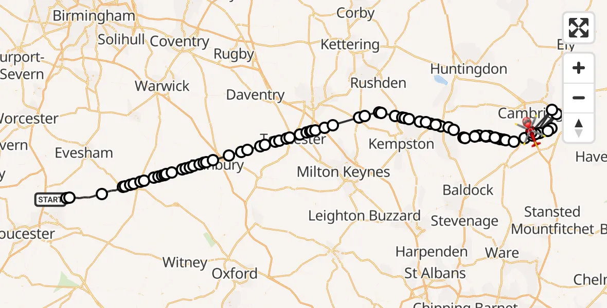 Flight path map showing Air Ambulance Helicopter route from Tewkesbury to Hauxton