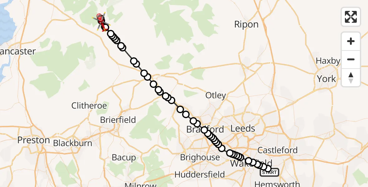 Flight path map showing Air Ambulance Helicopter route from YAA Nostell Helicopter Port to Horton in Ribblesdale