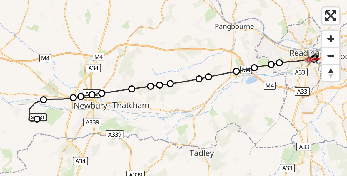 Flight path map showing Air Ambulance Helicopter route from Hamstead Marshall to Reading