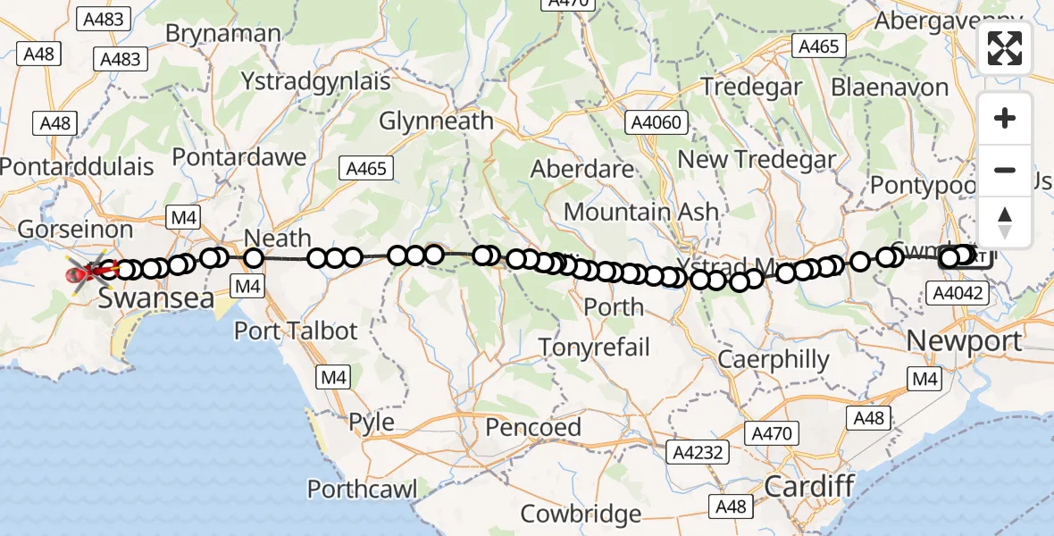 Flight path map showing Air Ambulance Helicopter route from Grange University Hospital Heliport to Waunarlwydd