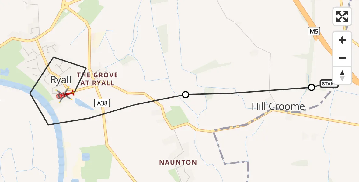 Flight path map showing Air Ambulance Helicopter route from Hill Croome to Ripple