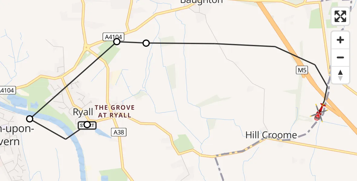 Flight path map showing Air Ambulance Helicopter route from Ripple to Hill Croome