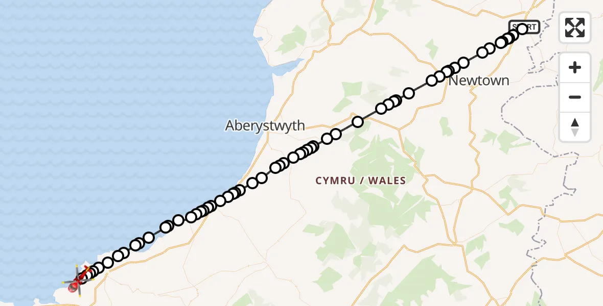 Flight path map showing Air Ambulance Helicopter route from Welshpool Airport to Trewyddel / Moylgrove