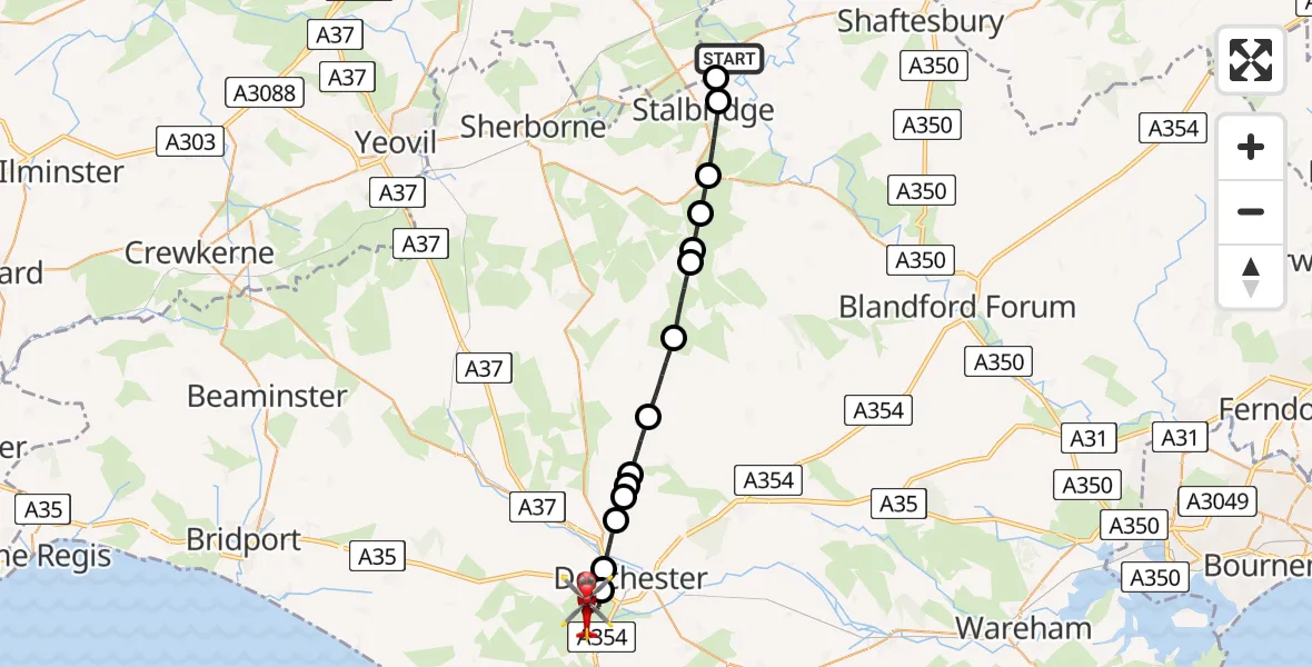 Flight path map showing Air Ambulance Helicopter route from Henstridge Airfield to Winterborne Monkton