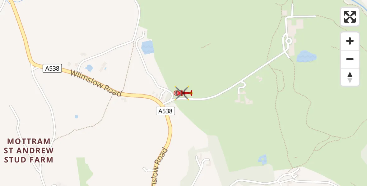 Flight path map showing Air Ambulance Helicopter route from Mottram St Andrew to Mottram St Andrew