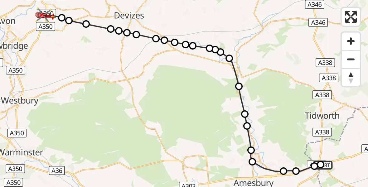 Flight path map showing Air Ambulance Helicopter route from Test Valley to Melksham