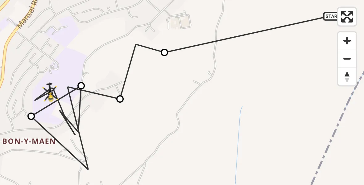 Flight path map showing Police Helicopter route from Bon-y-maen to Winsh-wen