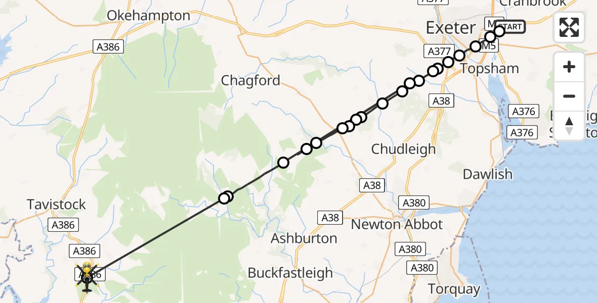Flight path map showing Police Helicopter route from Clyst Honiton to West Devon