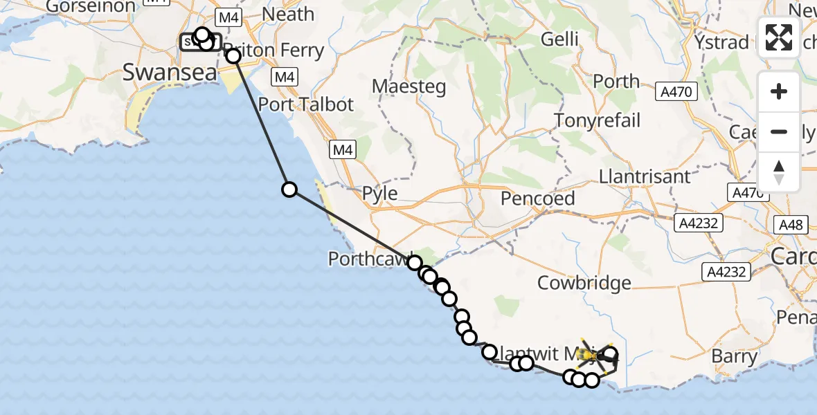 Flight path map showing Police Helicopter route from Pentre'r-Gaseg to MOD St Athan