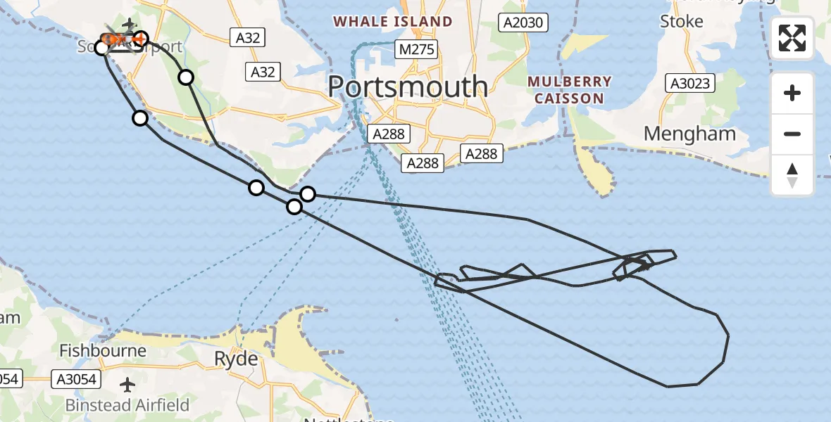 Flight path map showing Coastguard Helicopter route from Solent Airport to Solent Airport