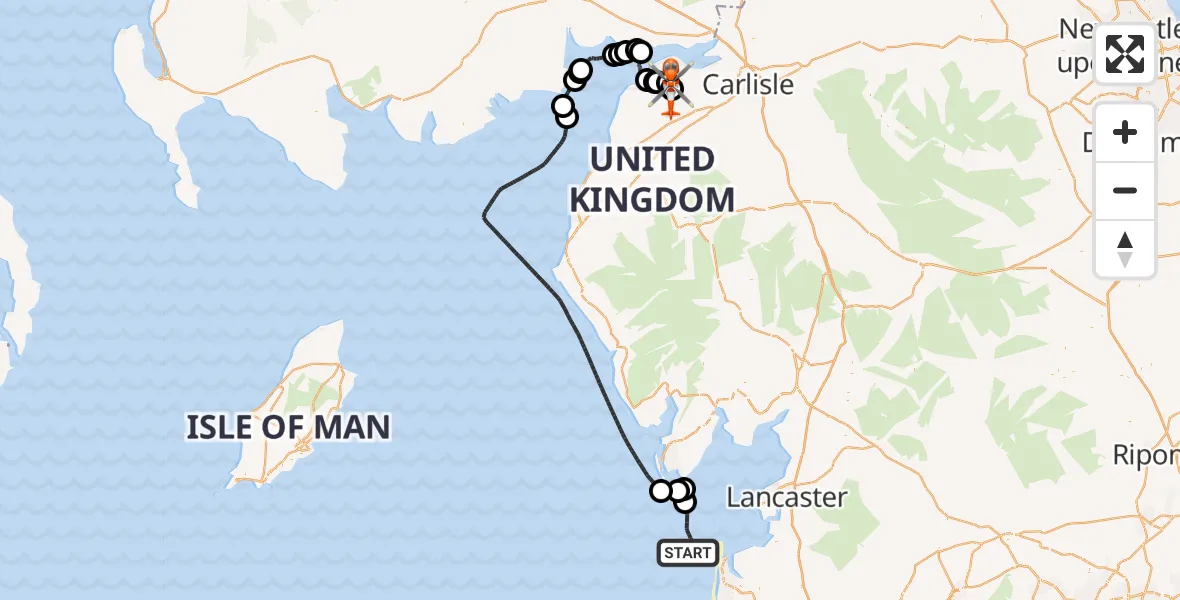 Flight path map showing Coastguard Helicopter route from Irish Sea to Kirkbride Airfield