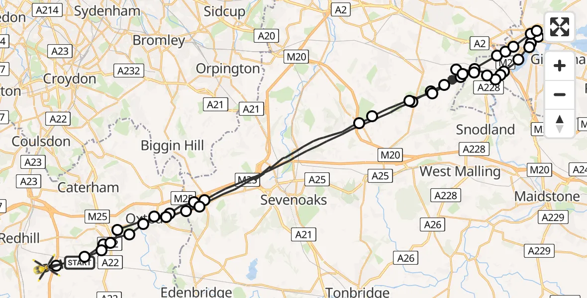 Flight path map showing Police Helicopter route from Tandridge to South Nutfield