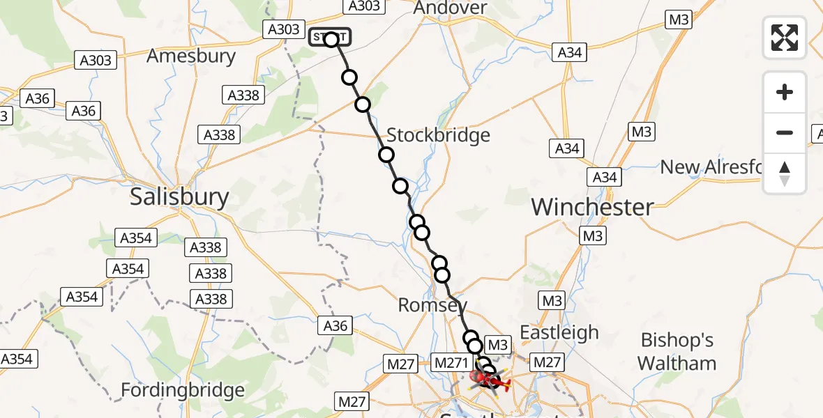 Flight path map showing Air Ambulance Helicopter route from Test Valley to University Hospital Southampton