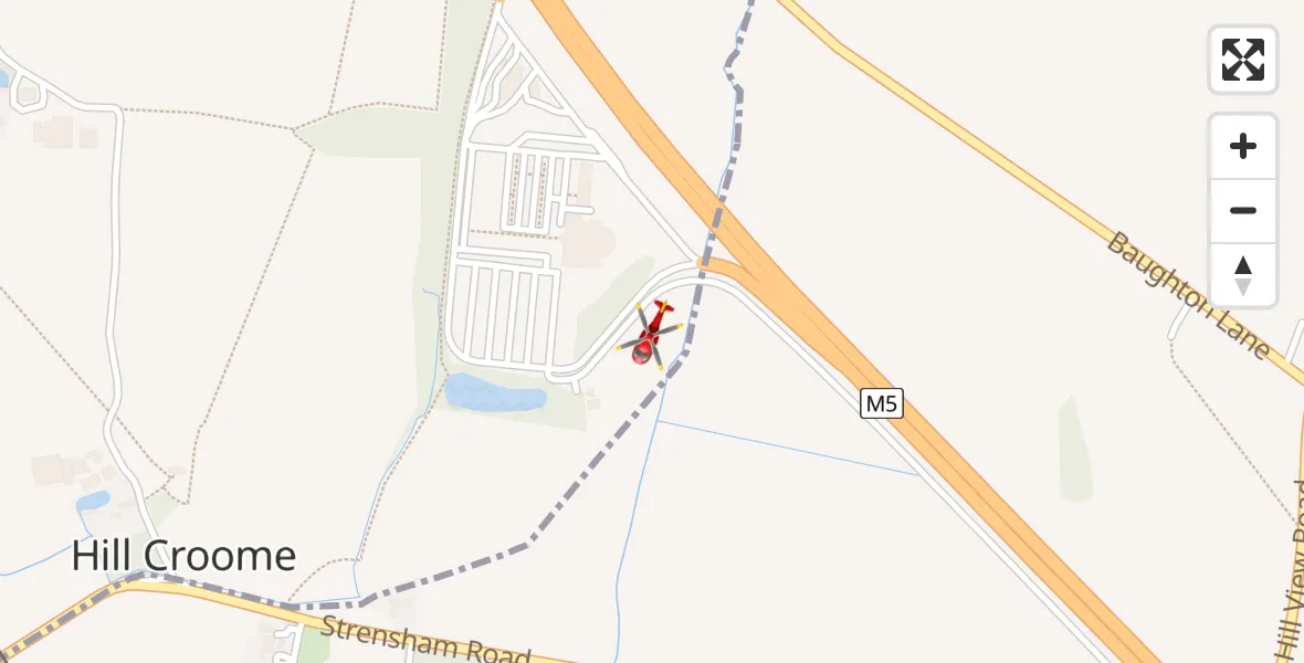 Flight path map showing Air Ambulance Helicopter route from Hill Croome to Hill Croome
