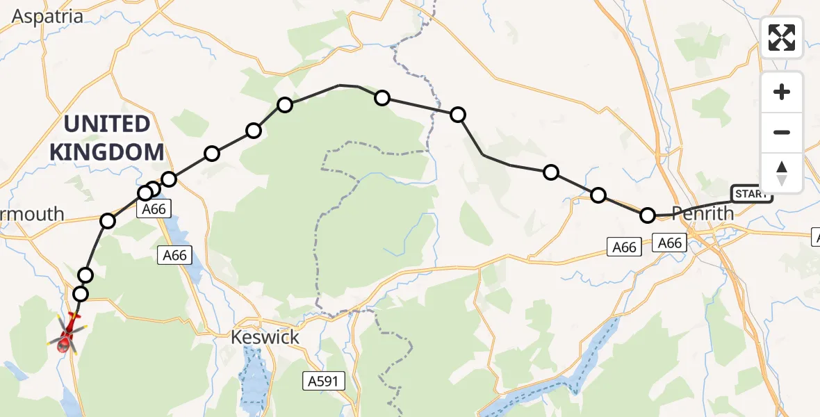 Flight path map showing Air Ambulance Helicopter route from Penrith to High Lorton