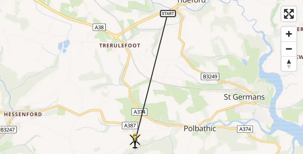 Flight path map showing Police Helicopter route from Tideford to Polbathic