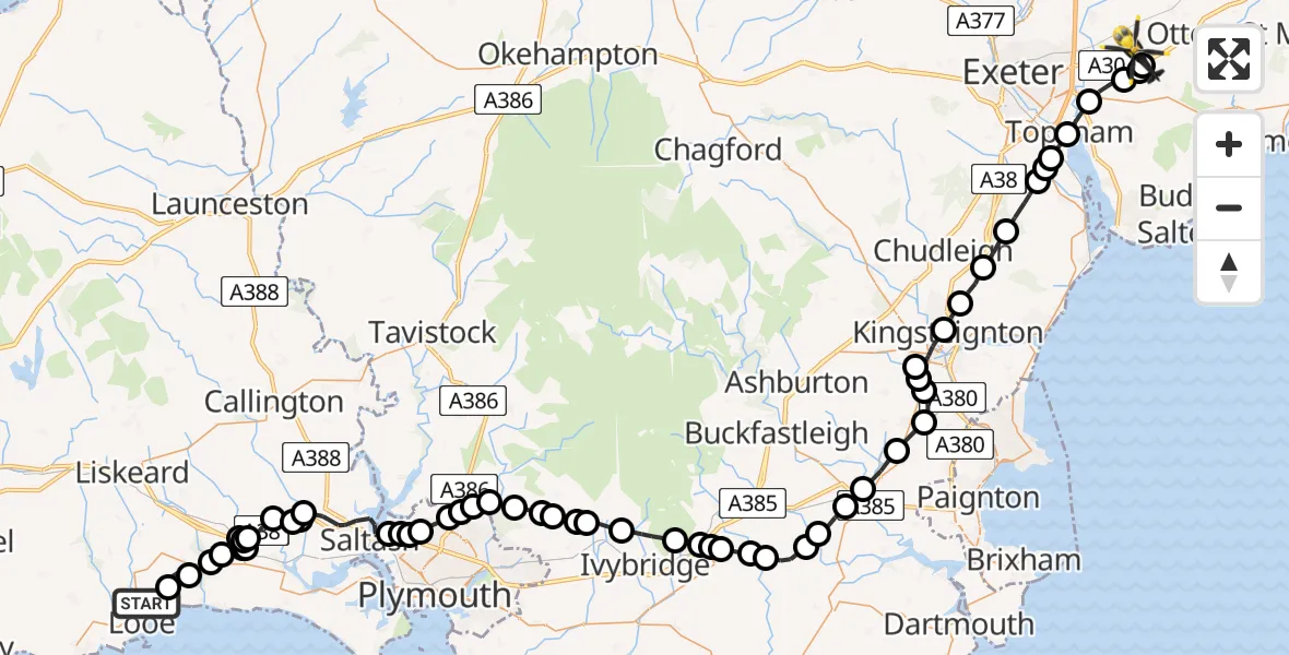 Flight path map showing Police Helicopter route from Looe to Rockbeare