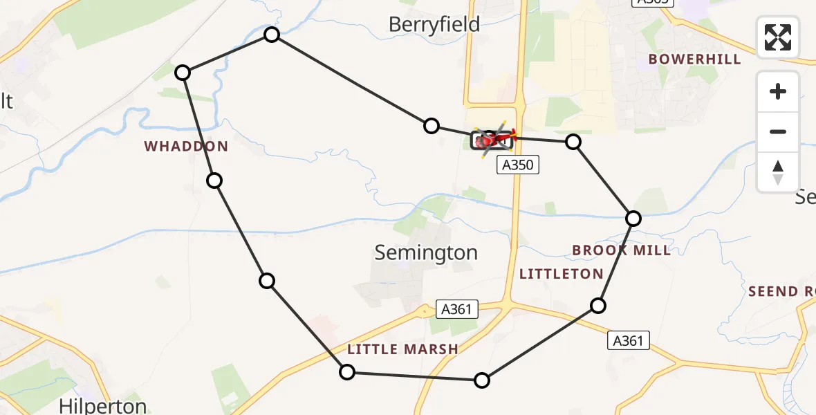 Flight path map showing Air Ambulance Helicopter route from Wiltshire Air Ambulance to Melksham
