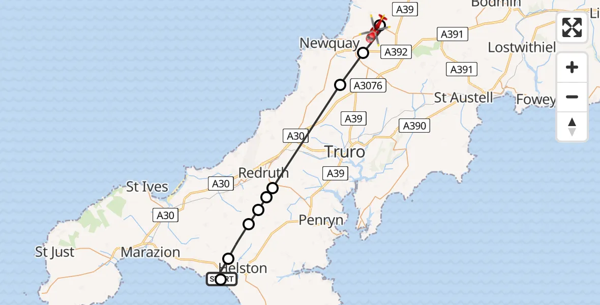 Flight path map showing Air Ambulance Helicopter route from Porthleven to Cornwall Airport Newquay
