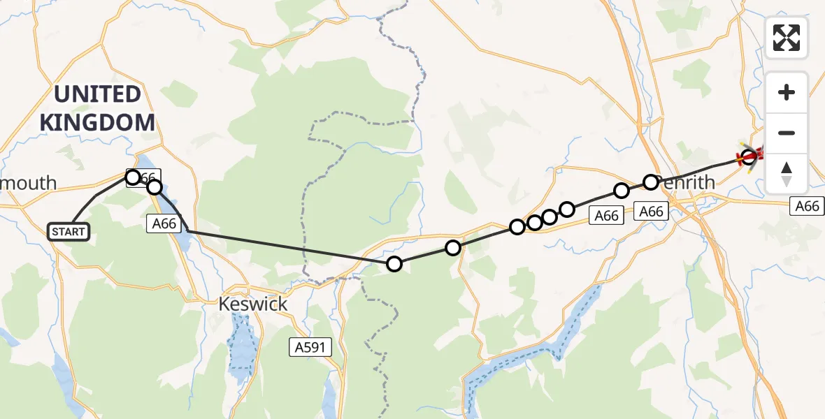 Flight path map showing Air Ambulance Helicopter route from Embleton to Edenhall