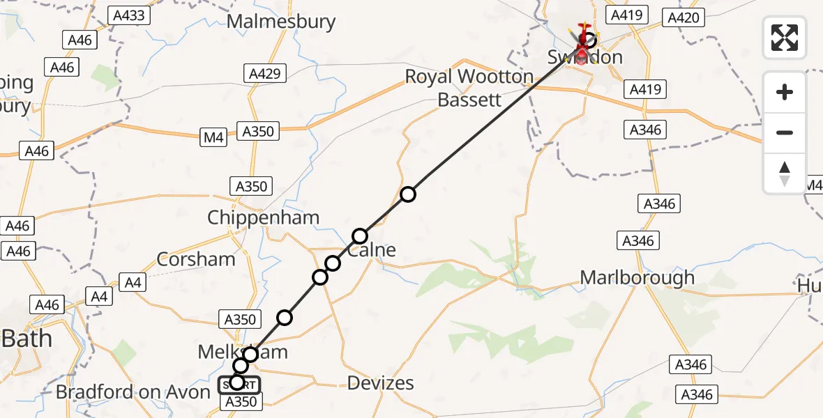 Flight path map showing Air Ambulance Helicopter route from Wiltshire Air Ambulance to Swindon