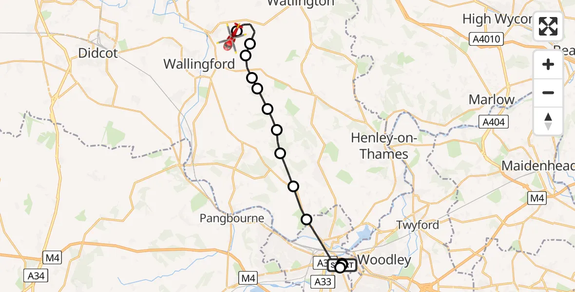Flight path map showing Air Ambulance Helicopter route from Royal Berkshire Hospital to RAF Benson