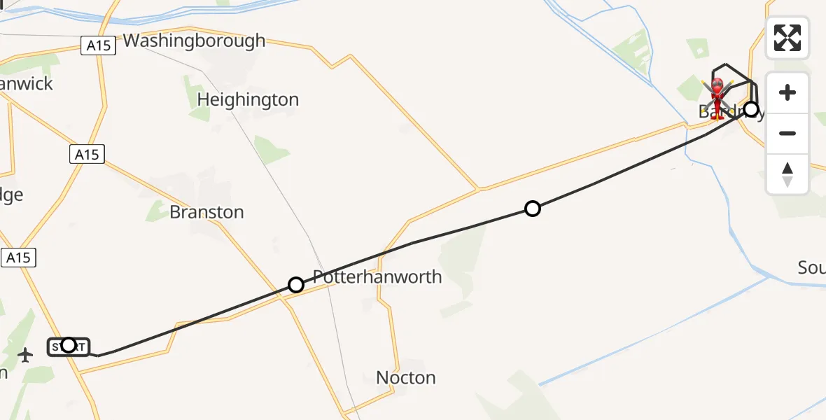 Flight path map showing Air Ambulance Helicopter route from RAF Waddington to Bardney CP