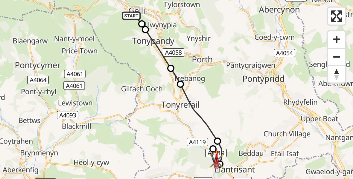 Flight path map showing Air Ambulance Helicopter route from Gelli to Llantrisant