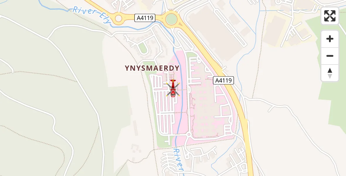 Flight path map showing Air Ambulance Helicopter route from Royal Glamorgan Hospital Heliport to Royal Glamorgan Hospital Heliport