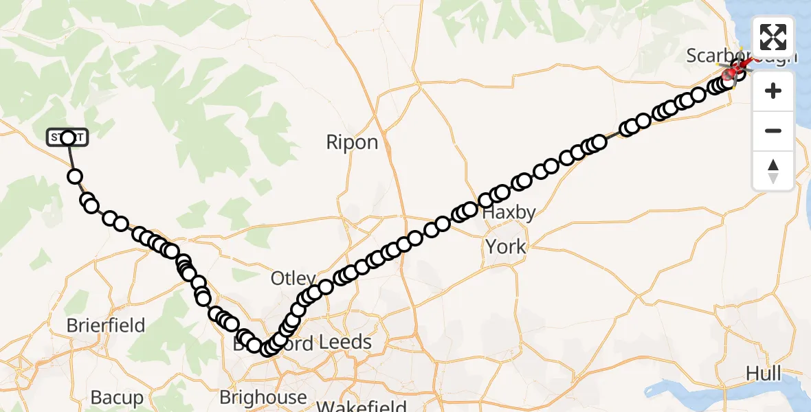 Flight path map showing Air Ambulance Helicopter route from Horton in Ribblesdale to Scarborough